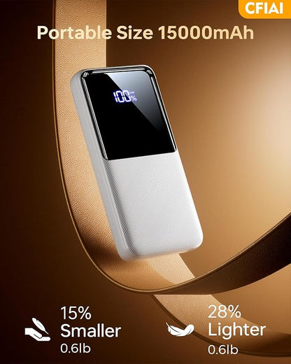 Portable Charger Power Bank - 15,000mAh Battery Pack Portable Phone Charger with Built in Cable 22.5W Fast Charging Powerbank Compatible with iPhone Android Samsung Phone, Travel Camping Essential