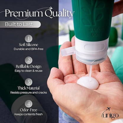 unigo Travel Bottles For Toiletries, TSA Approved Containers, Travel Size Toiletries, Shampoo and Conditioner Bottles, Leak Proof and Refillable Bottles, BPA Free, Extra Bottle Covers (Green)