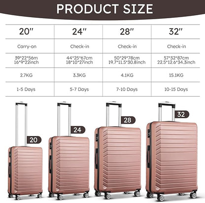 11 Piece Travel Luggage Sets for Women, 20/24/28/32 Inch 4 Piece Hardshell Suitcase Set, 20inch Carry on Luggage with Wheels, 24inch 28inch 32inch Checked Luggage with 7PC Packing Bags