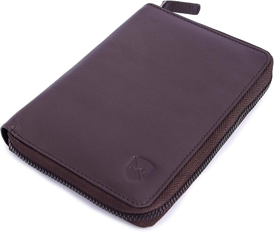 ALLEN & MATE 100% Leather Passport Holder for Women & Men - RFID Blocking Travel Document Organizer with Credit Card & SIM Slot, Slim Genuine Leather Wallet for Travel Essentials, Brown