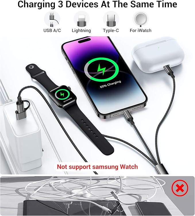 Temdan for Travel Vacation Essentials,3 in 2 USB C Cable for Apple Watch Charger/iPhone 17 Charger/Lightning,Multi Charging Cable Cord,Camping Essentials,Designed for iWatch &iPhone 16-12-5FT Black