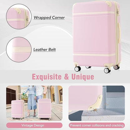 Merax Luggage Set 3 Piece Suitcase Set with 1 Cosmetic Case Expandable Spinner Wheels Vintage Luggage Sets(Light Pink,20"+24"+28")