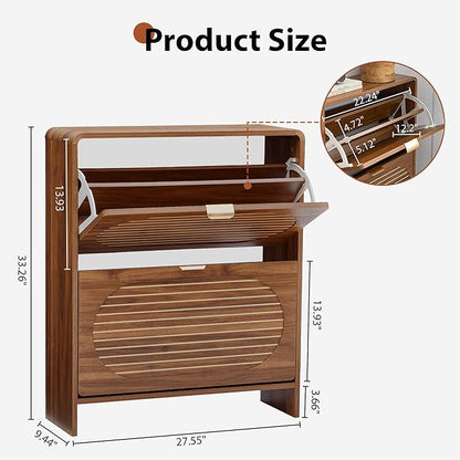 Mid-century Shoe Storage Cabinet with 2 Flip Drawer Arched Fluted Pattern, Farmhouse Slim Curved Corner Wood Shoe Cabinet, Hidden Narrow Shoe Organizer for Entryway,Living Room (Walnut,with Divider)