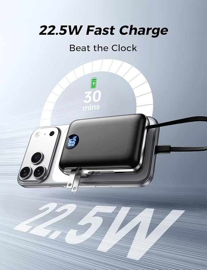 Portable Charger with Built in Cables & Wall Plug,10000mAh Power Bank, 4 Outputs,22.5W USB C Fast Charging,Slim Travel Essential Battery Pack with LED Display for iPhone 17/16/15/14 Series, Samsung