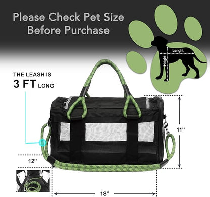 FLUFFY COMMUTE™ TSA Airline Approved Dog Carrier | Soft-Sided | Fits Small Dogs & Pets Up to 15 lbs & 17” Long × 11” Tall | Black w/Green Handle