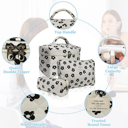 3pc Makeup Bag Set, Quilted Makeup Bag Set, Large Floral Cosmetic Bag for Women, Cute Cotton Makeup Bags, Flower Travel Toiletry Organizer Bag (Black Flowers)