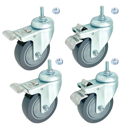 4 inch Swivel Caster Wheels Heavy Duty with Aluminum Brake, 3/8"-16x1 Threaded Stem Casters Set of 4, Polyurethane Grey PU Wheels for Hospital, Lab, Furnitures,Restaurant