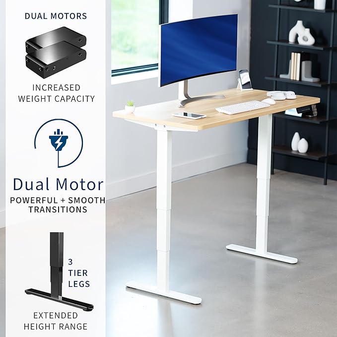 VIVO Electric 55 x 28 in Dual Motor Sit Stand Desk, Memory Height Adjustment, 2B Series, Light Wood Top White Frame, DESK-KIT-2W55C