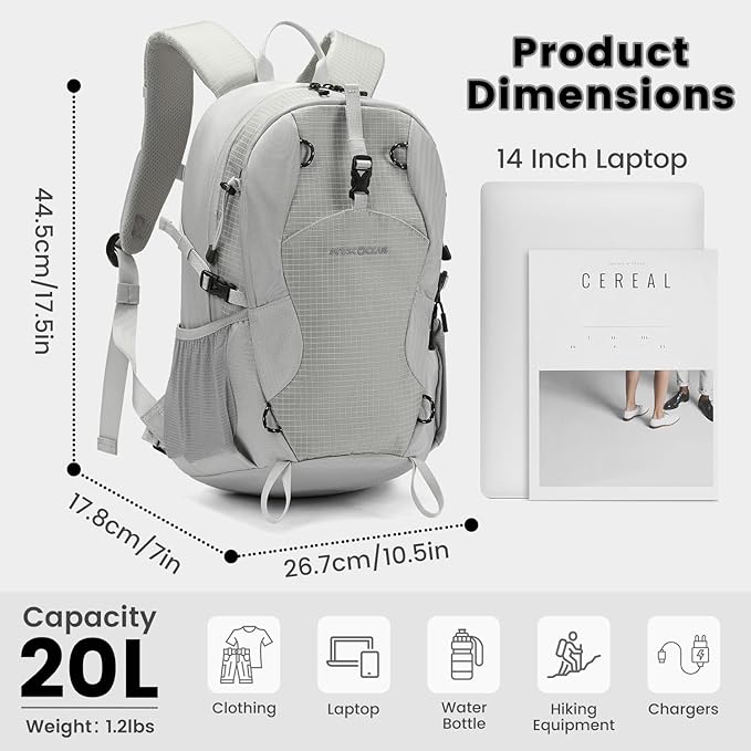20L Lightweight Hiking Daypack, Small Hiking Travel Backpack for Women men (Grey)