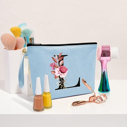 Vavabox A-Z Personalized Makeup Bag, Birthday Gifts for Women Mom, Gifts for Best Friend, Bride Bridesmaid Cosmetic bag (L, Blue)