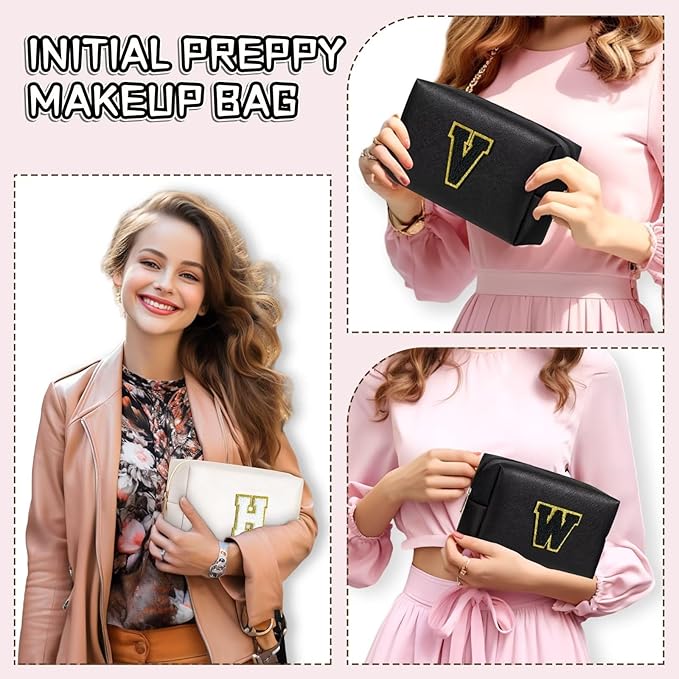 TOPEAST Preppy Makeup Bag, Cute Makeup Pouch PU Leather Waterproof Cosmetic Bag, Personalized Birthday Gifts for Mom Teacher Friends Bridesmaids Nurse, Trendy Stuff for Girls (Black I)