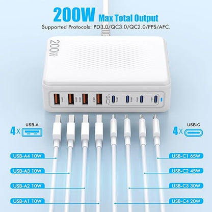 USB C Charger Block,200W GaN 8 Port USB C Charging Station USB Hub Block Cube Type C & USB A Wall Charger Power Adapter for Multiple Devices Apple iPhone 16/15/14,Steam Deck,MacBook Pro/Air,iPad Pro