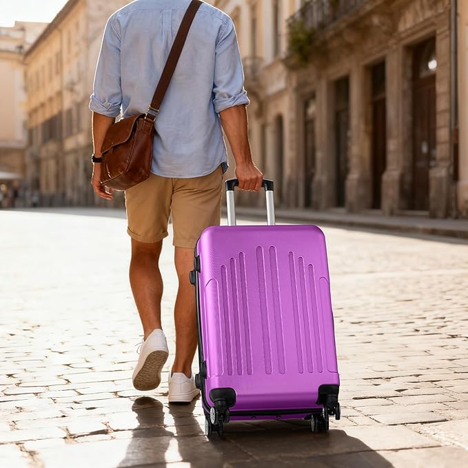 Karl home 24in Checked Luggage with TSA Lock, ABS Hardshell Check-in Suitcase with Spinner Wheels, Durable Medium Suitcase Rolling Luggage for Business Travel, Purple