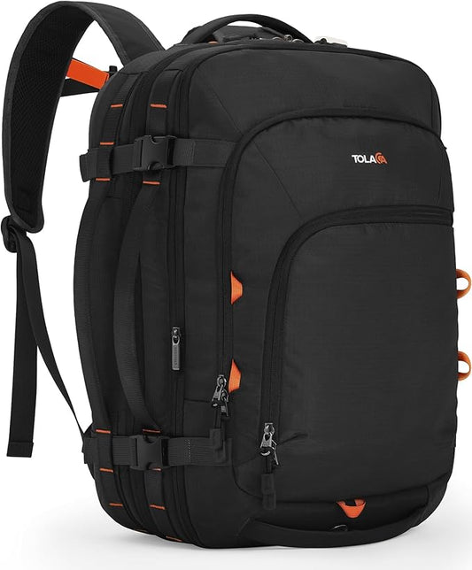 Tolaccea Travel Backpack, TSA Friendly Flight Approved Carry-on Luggage Water-resistant Business Rucksack, Durable Large Computer Bag Daypack Fits 15.6 Inch Laptop, 35-45L Expandable - Black