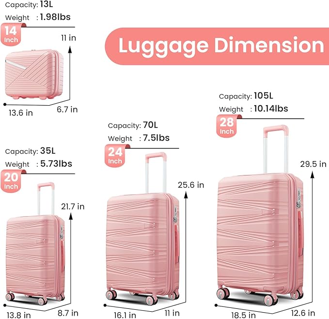 Merax Hardside Luggage Sets 4 Piece with Spinner Wheels,Lightweight Suitcase Set with TSA Lock,Travel Luggage Set with Telescoping HandlePink2,14/20/24/28