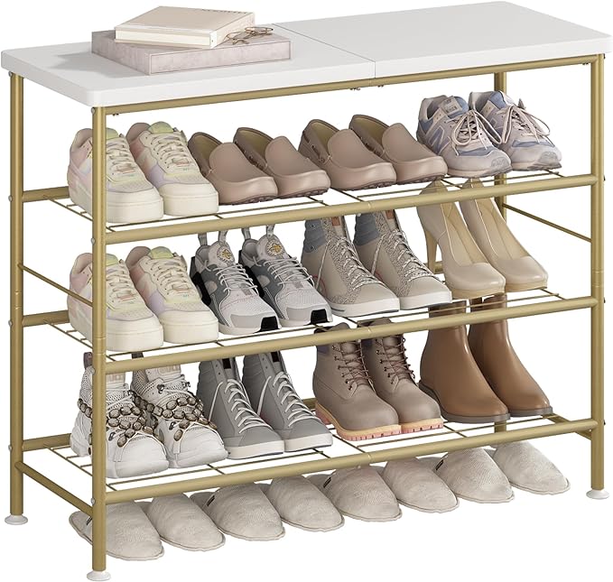 SUOERNUO Shoe Rack Organizer 4 Tier for Closet Entryway Free Standing Metal Storage Shoe Shelf with MDF Top Board，Gold