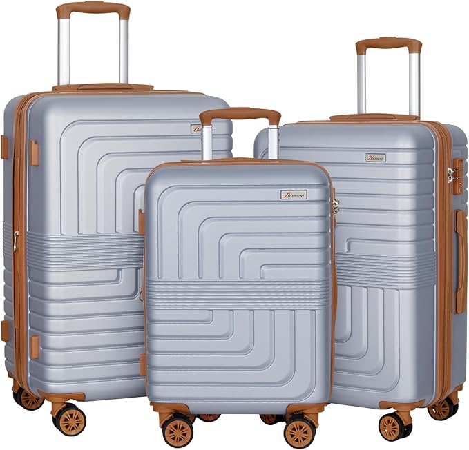 Romswi 3 Piece Luggage Sets, Expandable PC+ABS Hardshell Suitcase Set with TSA Lock YKK Zipper and Dual Spinner Wheels, Large Checked Travel Suitcases, 22/26/30 Inch, Silver