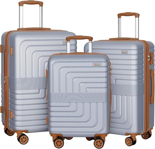 Romswi 3 Piece Luggage Sets, Expandable PC+ABS Hardshell Suitcase Set with TSA Lock YKK Zipper and Dual Spinner Wheels, Large Checked Travel Suitcases, 22/26/30 Inch, Silver