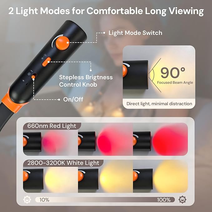 Neck Reading Light, Rechargeable Book Light for Reading at Night, 660nm Red Light & White Modes, Flexible 360° Bendable, Lightweight for Reading, Travel, Eye Care, Better Sleep & Recovery