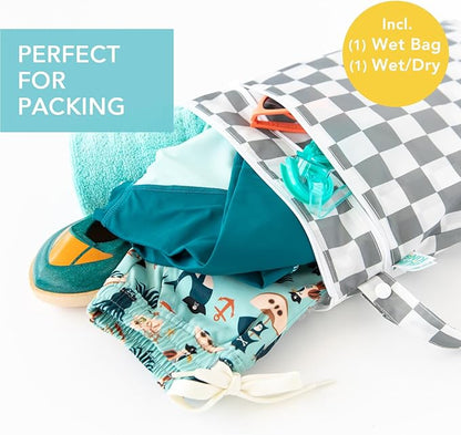 Bumkins - Waterproof Wet and Wetdry Bags - For Beach, Baby, Travel, Swim Suit, Cloth Diapers, Pump Parts, Pool, Gym, Toiletries - Reusable & Easy to Clean - Gray Check - 2 Pack