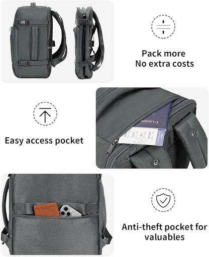 ECOHUB Travel Backpack for Men, 18x14x8 Spirit Airlines Personal Item Bag with Clear Toiletry Bag, Laptop Carry on Backpack with USB Port, Airline Approved Under Seat 14 Pockets 30L, Grey