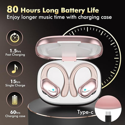 Wireless Earbuds, Sports Bluetooth Headphones, 80Hrs Playtime Ear Buds with LED Power Display, Noise Canceling Headset, IPX7 Waterproof Earphones for Workout/Running