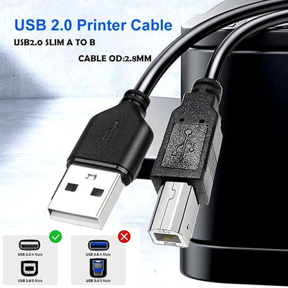 Long Slim 20ft Type2.0 Printer Wire, Type A to Type B Wire High Speed Type 2.0 A to B Wire Scanner Printer Cord to Computer for HP Canon Brother Dell Epson OD2.8MM
