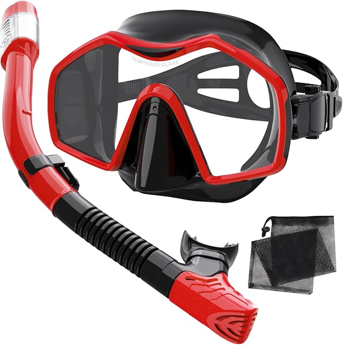 Snorkeling Gear for Adults,Dry-Top Snorkel Mask Set with Tempered Glass,Anti-Fog & Anti-Leak Panoramic Swim Mask,Adjustable Snorkel Kit with Carry Bag for Scuba Diving,Swimming,Travel