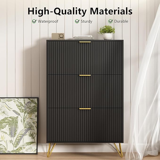 Shoe Storage Cabinet with 3 Flip Drawers, 31.5" W Fluted Shoe Cabinet for Entryway, Hidden Shoe Cabinet Storage, Narrow Free Standing Shoe Orgnaizer Rack Cabinet for Foyer Hallway, Black