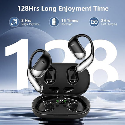 Open Ear Wireless Earbuds Headphones, Bluetooth 5.4, Built-in Mic, IPX7 Waterproof, LED Display Charging Case,Ear Hooks Clip Ear Buds，Design for Running Fitness Workout Office Game Gym