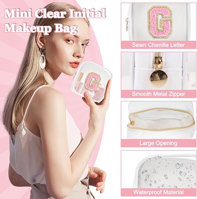 Mini Clear Personalized Initial Makeup Bag,Nylon Preppy A-Z Chenille Letter Patch Zipper Cosmetic Bag, Small Cute Beach Pouch Travel Purse Sanitary Napkin Storage Bag for Women Girls(White-Pink G)