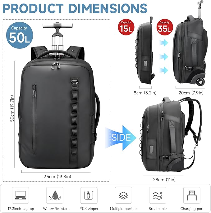 Travel Rolling Backpack,3 in 1 Carry on Backpack Flight Approved,Waterproof Personal Item Bag with Detachable Backpack,Extra Luggage Backpack 50L for Work Teacher College,Black
