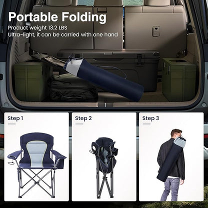 HIGH POINT SPORTS Oversized Camping Folding Chair, Heavy Duty Portable Outdoor Chair, Foldable Camp Chair with Cup Holder and Cooler Bag Support 450 LBS, 2 Pack, Dark Blue