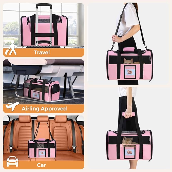Cat Carrier Soft for Pets Up to 15 Lbs, Cat Travel Bag with Padded Shoulder Strap and Detachable Cat Food Bowl, Pet Dog Carriers for Small Dogs Travel Puppy Carry Airline Approved, Pink