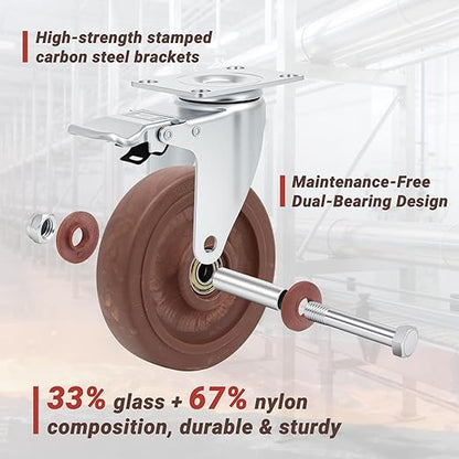 Nefish 5 Inch Casters Wheels, Heavy Duty Casters Set of 4, Durable Castor Wheels with Brake 2400 LBS, High Temperature Casters Glass Filled Nylon Wheels for Workbench, Industrial (-40°F to + 475°F)