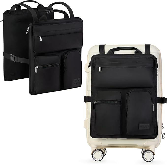 BAREFOOT CARIBOU Over Luggage Organizer for Carry On Bag or Suitcase with Storage Pockets, 16” Laptop Sleeve with Handle, Travel Accessories Bag Slide On Luggage Harness with Adjustable Straps (Black)