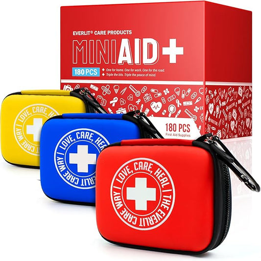 MiniAid First Aid Kit | Compact & Lightweight Case with Carabiners for Travel | Family & Kid Friendly 180 Pcs Wound Care Supplies for School, Work, Outdoor, Home & Office | Pack of 3