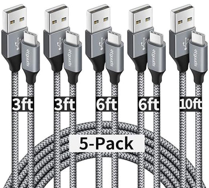 etguuds USB A to USB C Cable 5-Pack (3/3/6/6/10 ft), Fast Charging Type C Charger Cord for iPhone 17 16 15 Pro Max Plus Air, Samsung Galaxy S25 S24 S23 S22 S21 S20 A56 A17 A16, Pixel, Moto G, Gray