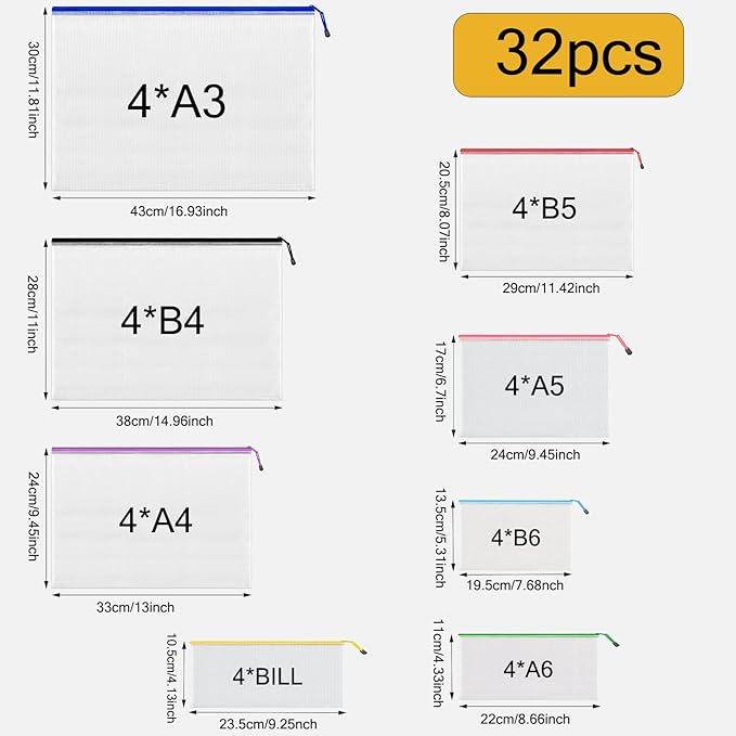 32 Pack Mesh Zipper Pouch Bags, 8 Size Mesh Storage Bags, Waterproof Document Mesh Bags, Zipper Bags for Organizing Office School Supplies, Toys, Cosmetics Travel Storage(8 Colors 13''×9.5'')