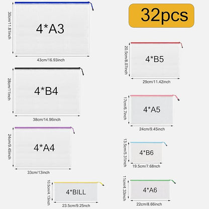 32 Pack Mesh Zipper Pouch Bags, 8 Size Mesh Storage Bags, Waterproof Document Mesh Bags, Zipper Bags for Organizing Office School Supplies, Toys, Cosmetics Travel Storage(8 Colors 13''×9.5'')