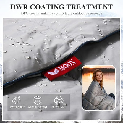 MOOX Down Camping Blanket Packable Backpacking Camping Quilt Outdoor Lightweight Warm Water Resistant Puffy Sleeping Bag Travel Hiking 55"x79" Waterproof Camp Throw Blanket, Gray Blue