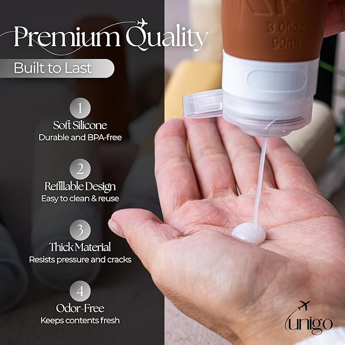 unigo Travel Bottles For Toiletries, 5-pack 3.oz TSA Aprroved Travel Size Bottles, Containers For Toiletries, BPA Free, Leak Prrof, Refillable Containers Bottles (Apricot)