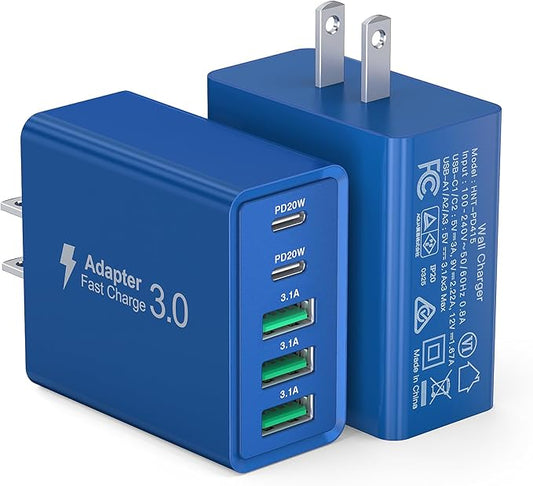 USB C Wall Charger, 60W USB C Charger Block 2-Pack 5-Port PD Fast Charging Blocks,Multiport 2USB C+3USB A Plug,Type C Power Adapter Brick Cube for iPhone 17/16/15/14/13,Samsung,for Switch（Dark Blue）
