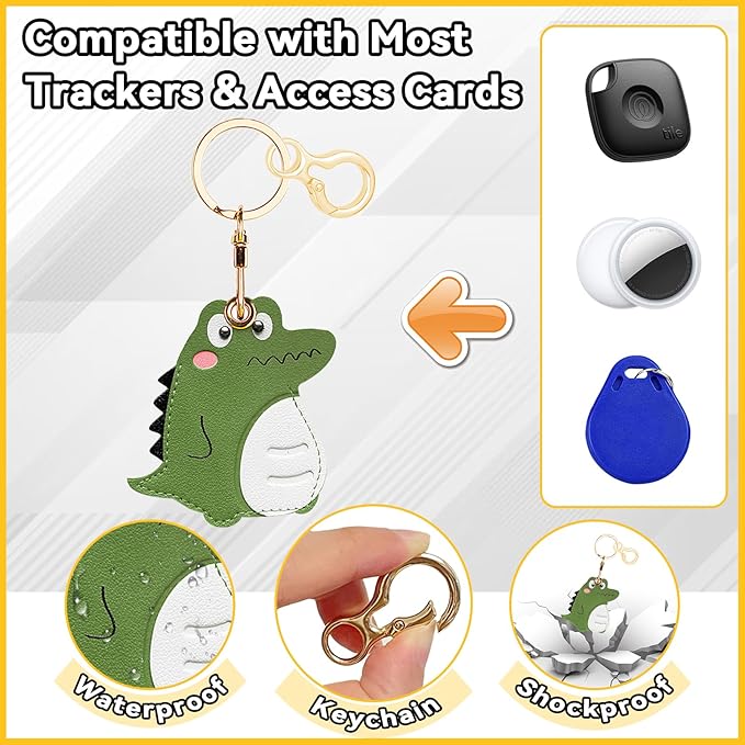 Leather Keychain for Airtag, Cute Protective Keychain Holder Compatible with Apple Air Tag,GPS Item Tracker Case Cover for Keys,Bags,Pets,Luggage(Dinosaur)