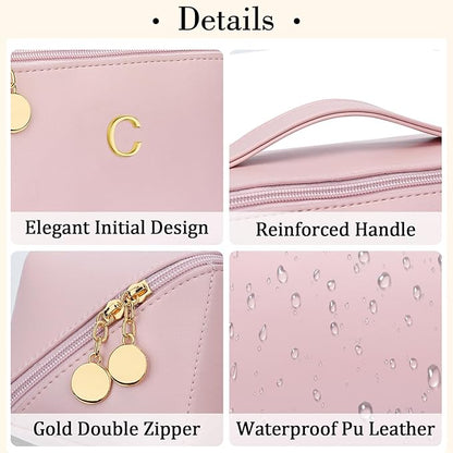 Birthday Gifts for Women Teen Girl, Personalized Initial Makeup Organizer Bag Set, Open Flat Travel Cosmetic Bag With Clear Divider and Handle(Pink,C)