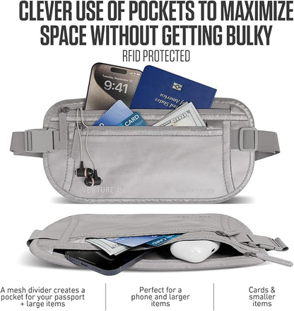 VENTURE 4TH Money Belt for Travel – Hidden Under-Clothes RFID Blocking Passport Holder & Slim Travel Wallet Pouch for Men & Women to Protect Cash, Cards & Documents (Sleek Silver)