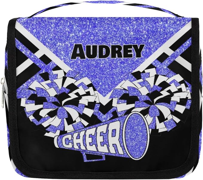 Personalized Hanging Toiletry Bag for Women, Large Capacity Cheerleading Travel Custom Name For Mothers Day, Birthday, Anniversary, Wedding, Light Blue Glitter Black
