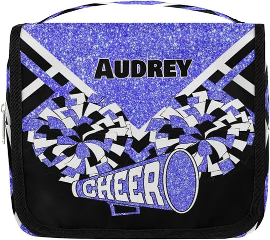 Personalized Hanging Toiletry Bag for Women, Large Capacity Cheerleading Travel Custom Name For Mothers Day, Birthday, Anniversary, Wedding, Light Blue Glitter Black