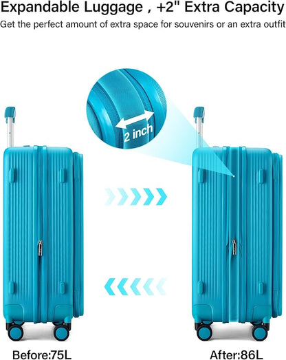 Hanke 24Inch Expandable Luggage Top Opening Medium Checked Luggage Hard Shell Suitcases with Wheels Travel Luggage Rolling Suitcase with Cup Holder (Caribbean Blue)