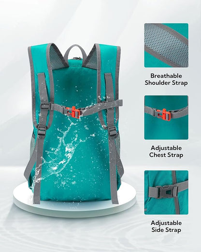 WATERFLY Hiking Packable Daypack Backpack: 25L Ultra Lightweight Day Pack for Woman Man - Small Compact Folding Back Pack for Outdoor Sport Cycling Camping Travel Trip - Turquoise